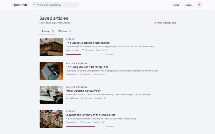 Quiet Side, Saved Articles